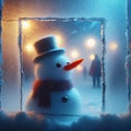 33 12. A snowman standing outside the froen glass, its carrot n